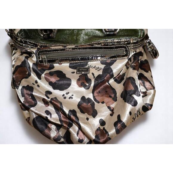 Vintage GUESS Olive Green Faux Leather Shearling Handbag | Y2K Croc Trim Logo - Picture 11 of 15